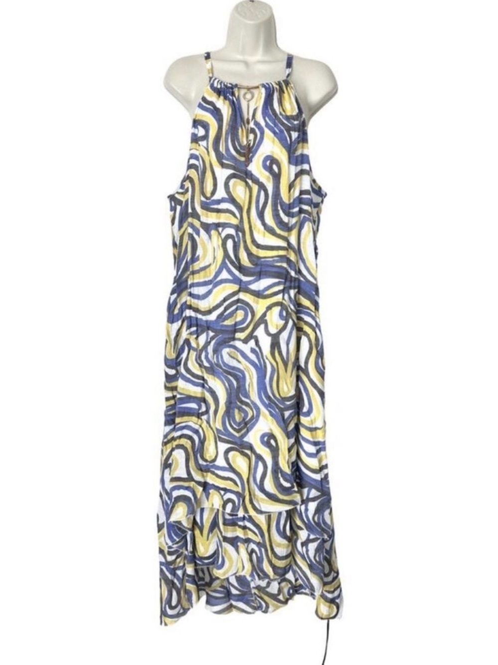 Mlle Gabrielle Halter Tiered Hi Low Maxi Dress Size 3X Abstract Boho Flowy Party